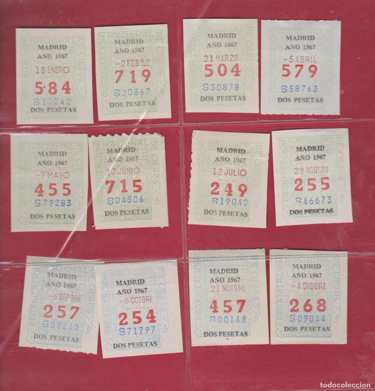 Cupones ONCE: CUPONES ANTIGUOS DE LA ONCE A&Ntilde;O 1967 UNO DE CADA MES