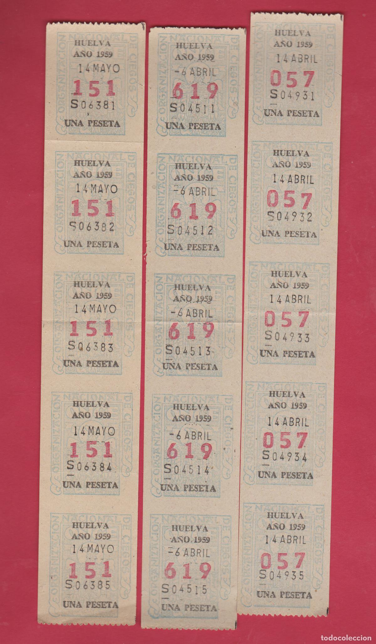 Cupones ONCE: 3 TIRAS CUPONES ANTIGUOS DE LA ONCE A&Ntilde;O 1959 HUELVA