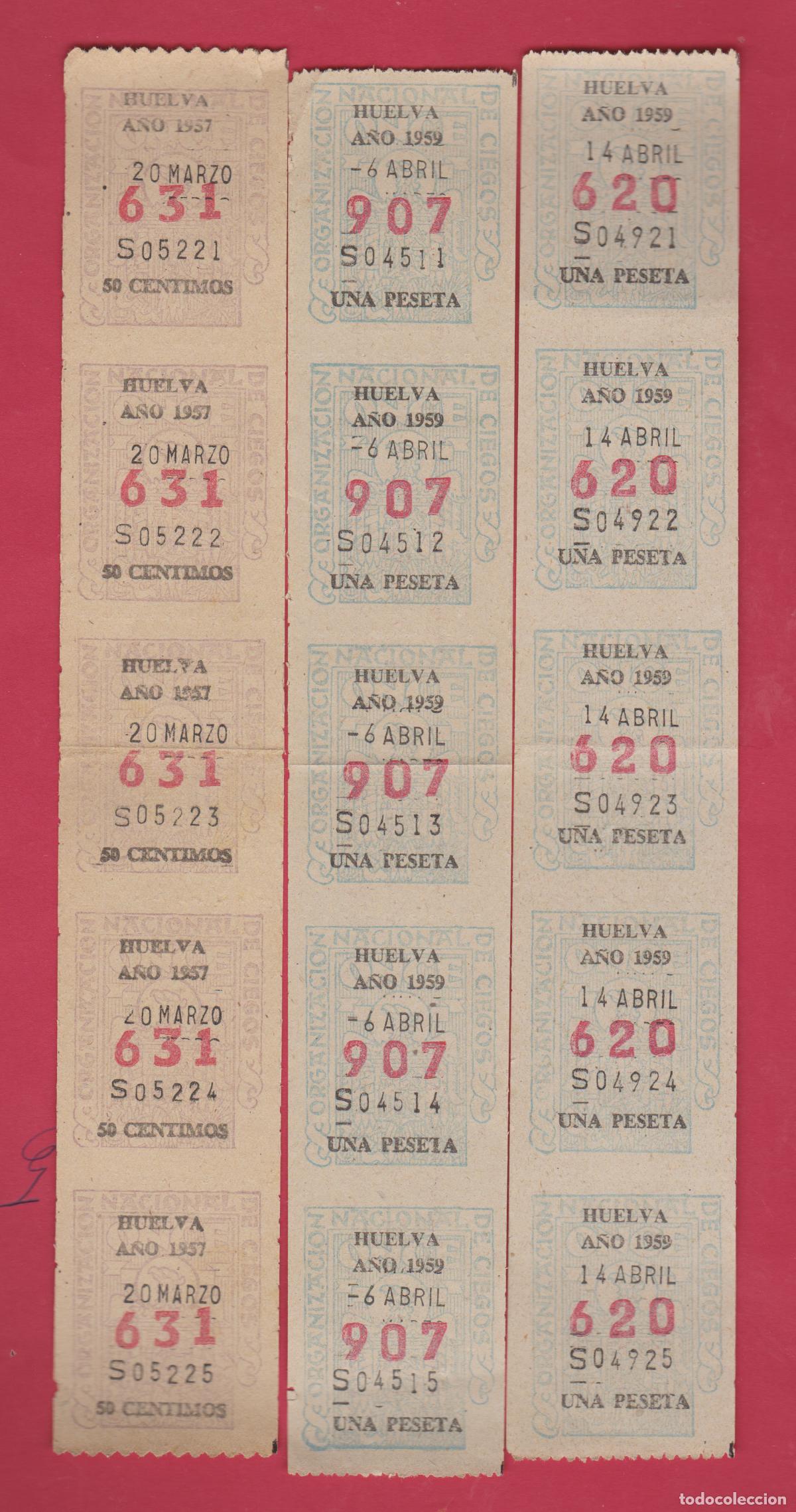 Cupones ONCE: 3 TIRAS CUPONES ANTIGUOS DE LA ONCE A&Ntilde;O 1959 Y 1957 HUELVA