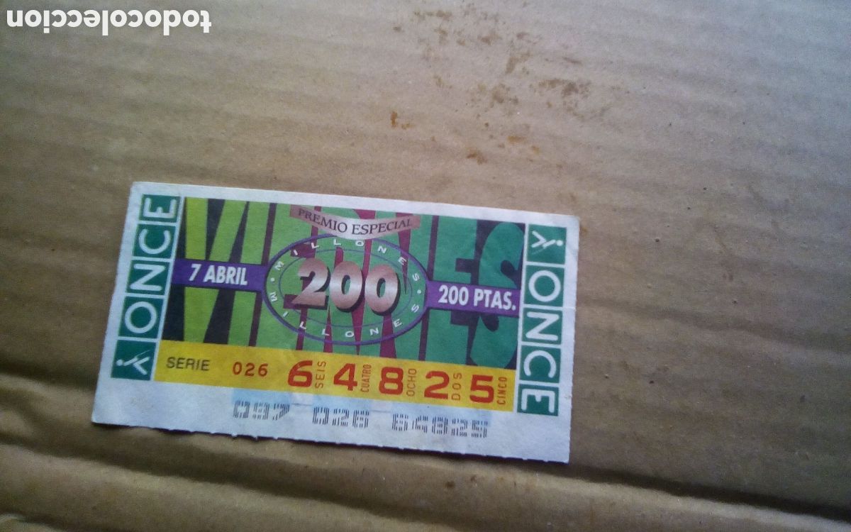 Cupones ONCE: Cup&oacute;n de la ONCE. 200 pesetas. Premio especial 200 millones. N 64825.