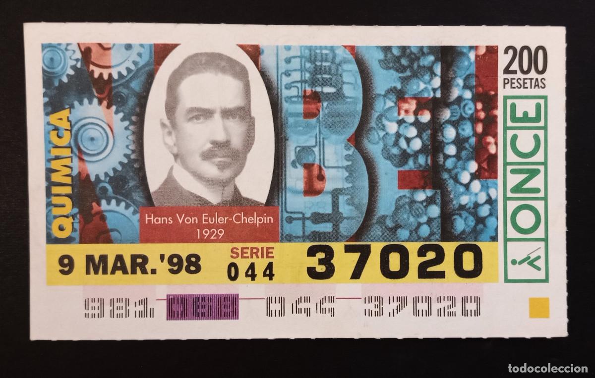 Cupones ONCE: CUP&Oacute;N ONCE - 9-MARZO-1998 - HANS VON EULER-CHELPIN 1929 - QU&Iacute;MICA