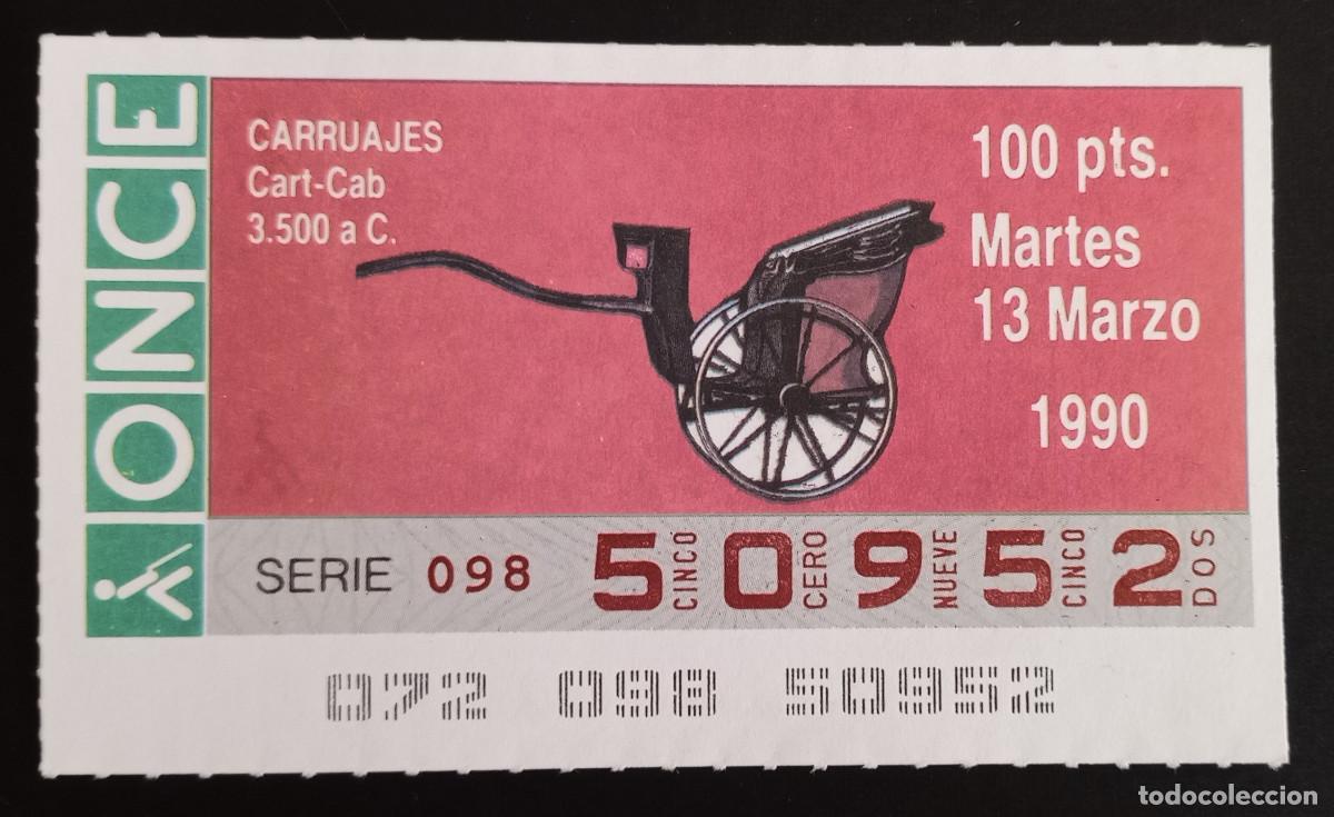 Coupon ONCE: CUP&Oacute;N ONCE - 13-MARZO-1990 - CARRUAJES, CART-CAB 3500 a.C.