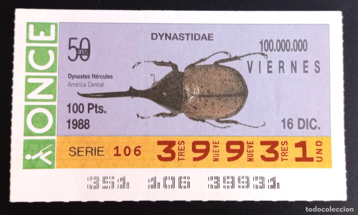 Coupon ONCE: CUP&Oacute;N ONCE - 16-DICIEMBRE-1988 - DYNASTIDAE, DYNASTEA H&Eacute;RCULES, AM&Eacute;RICA CENTRAL