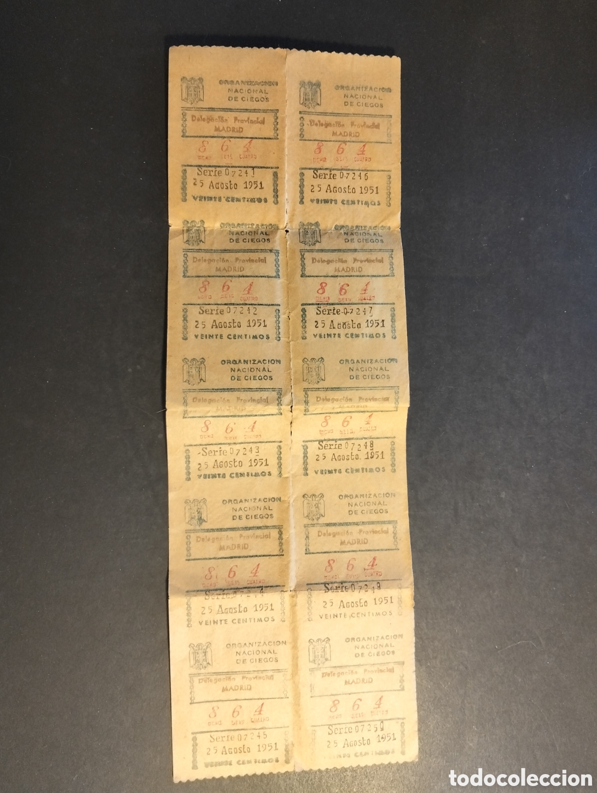 Cupones ONCE: TIRA DE CUPONES ORGANIZACION NACIONAL DE CIEGOS 1951 DELEGACION DE MADRID