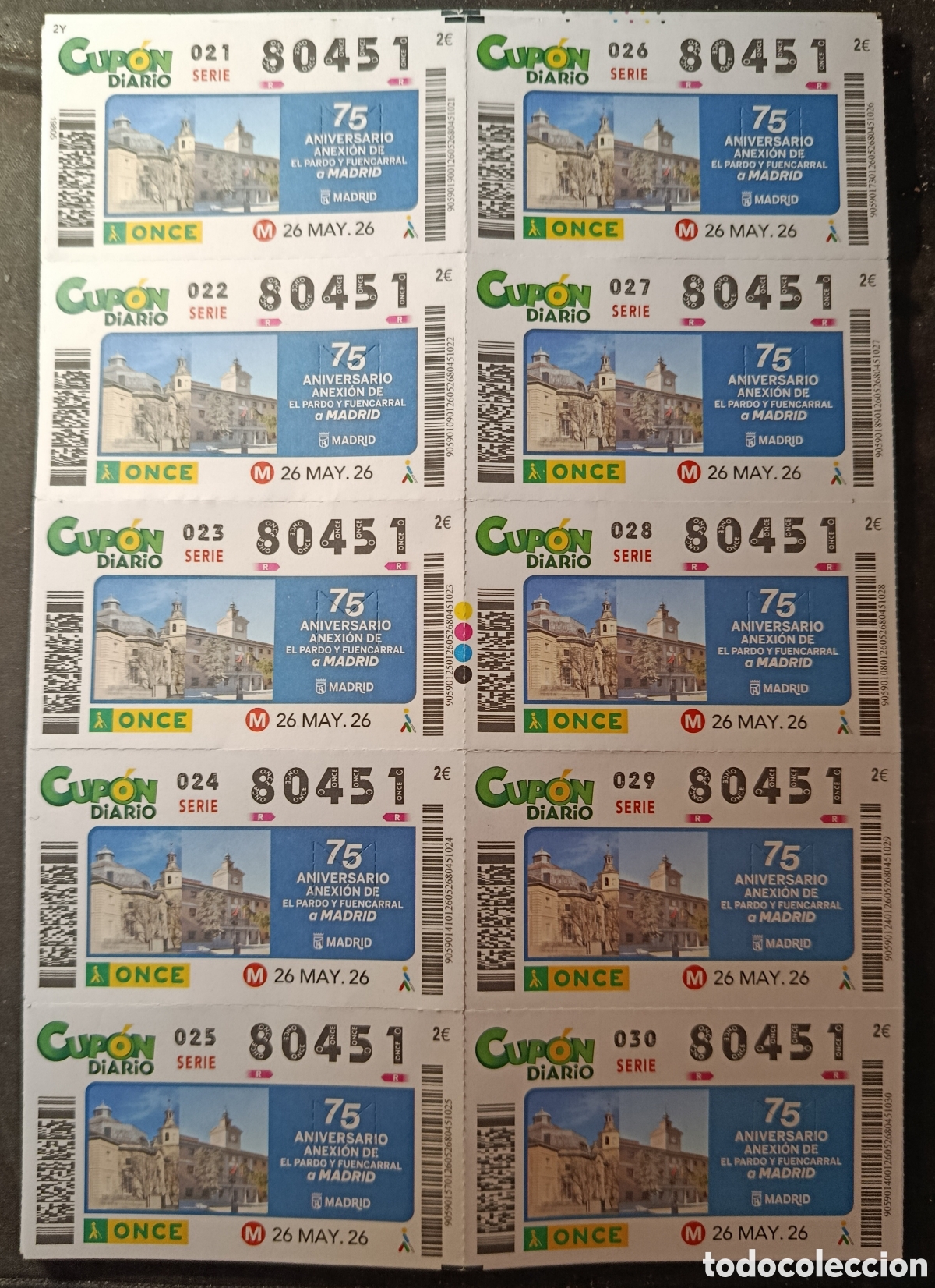 Cupones ONCE: N&deg; 80451 (26/MAYO/2026)-MADRID/HOJA COMPLETA