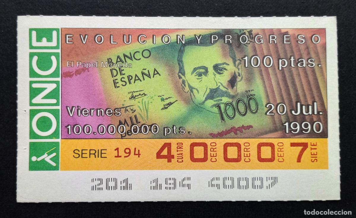 Cupones ONCE: CUP&Oacute;N ONCE - 20-JULIO-1990 - EVOLUCI&Oacute;N Y PROGRESO, EL PAPEL MONEDA