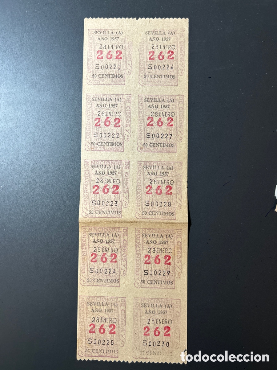Cupones ONCE: Cupon Once A&ntilde;o 1957 Sevilla &ldquo;A&rdquo; 28 Enero 10 Cupones