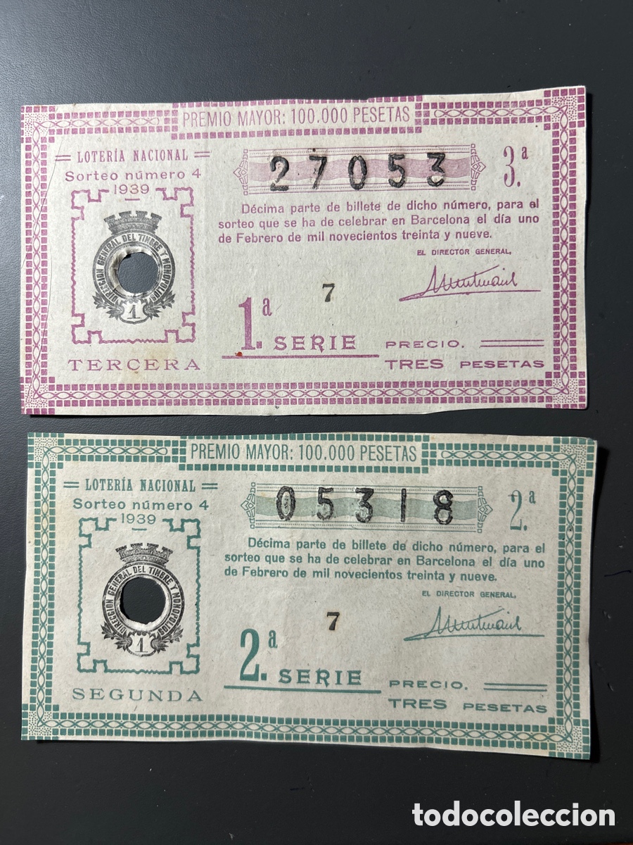 Cupones ONCE: Dos D&eacute;cimos Loter&iacute;a A&ntilde;o 1939 Sorteo 4