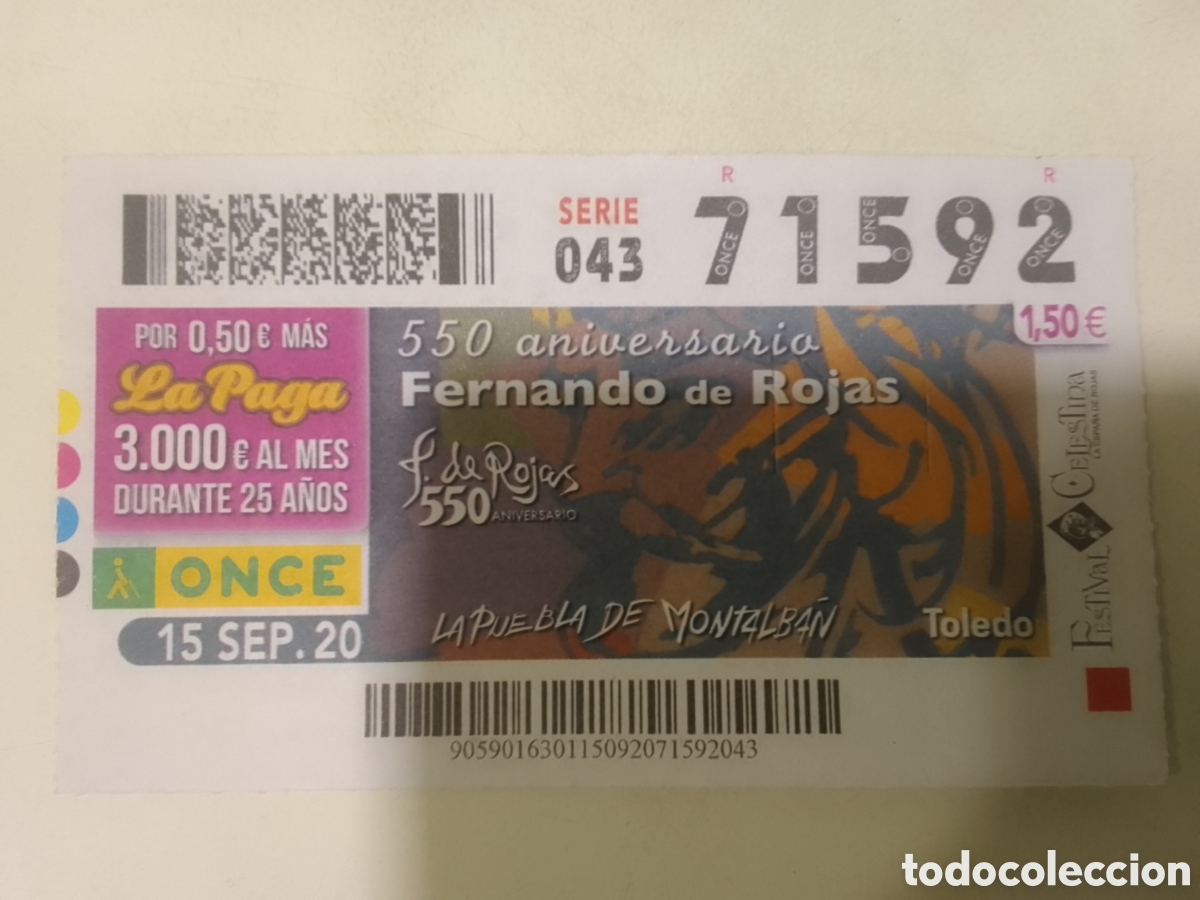 Cupones ONCE: Cup&oacute;n ONCE 15 SEP. 20 550 Aniversario Fernando de Rojas.