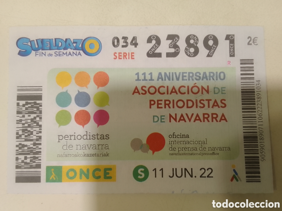 Cupones ONCE: Cup&oacute;n ONCE 11 JUN. 22 111 Aniversario Asociaci&oacute;n de Periodistas de Navarra.