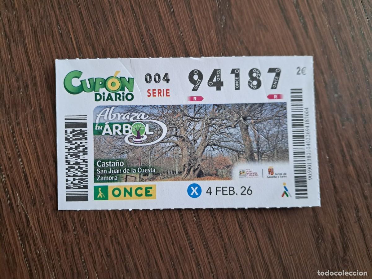 Cupones ONCE: cup&oacute;n once 04-02-26, abraza tu &aacute;rbol, Casta&ntilde;o, San Ju&aacute;n De La Cuesta, Zamora. n&ordm; 94.187.