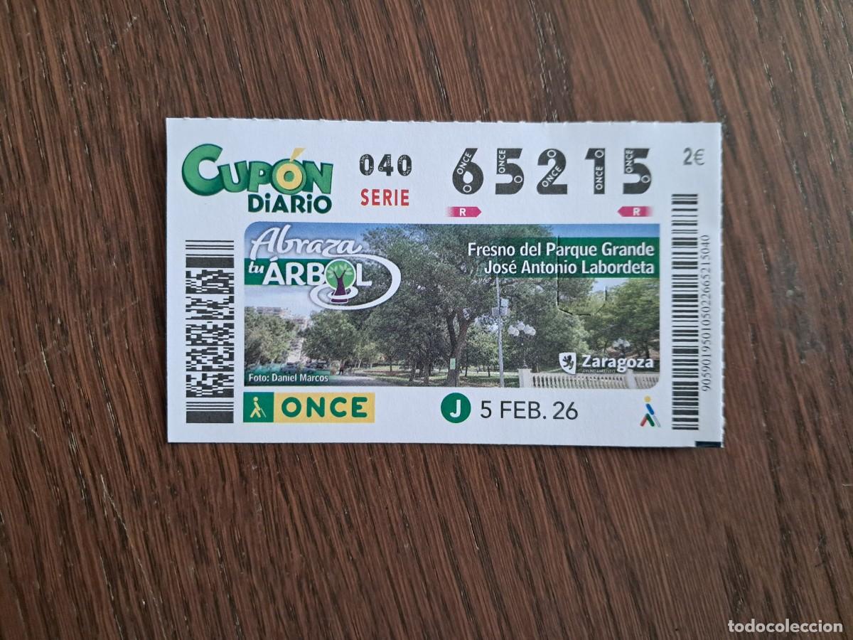 Cupones ONCE: cup&oacute;n once 05-02-26, abraza tu &aacute;rbol, Fresno del parque grande Jose A. Labordeta. Zaragoza. 65.215