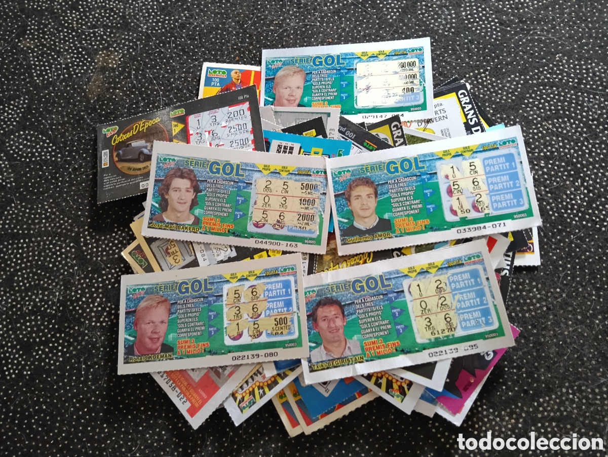 Cupones ONCE: Lote de m&aacute;s de 70 rascas de la &eacute;poca del Barcelona Amor, Bakero, etc. De futbolistas hay 5