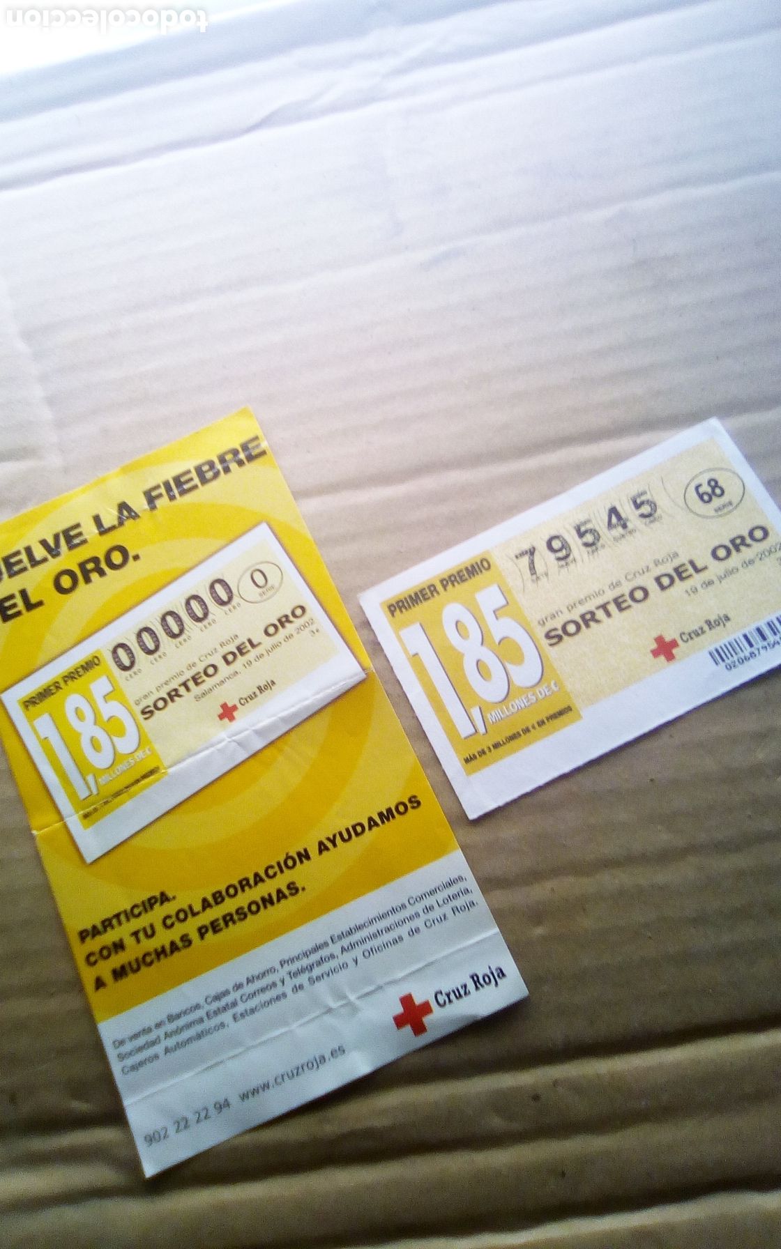 Cupones ONCE: D&eacute;cimo participaci&oacute;n Sorteo del Oro de Cruz Roja + folleto promocional. N&uacute;mero 79545. A&ntilde;o 2002.