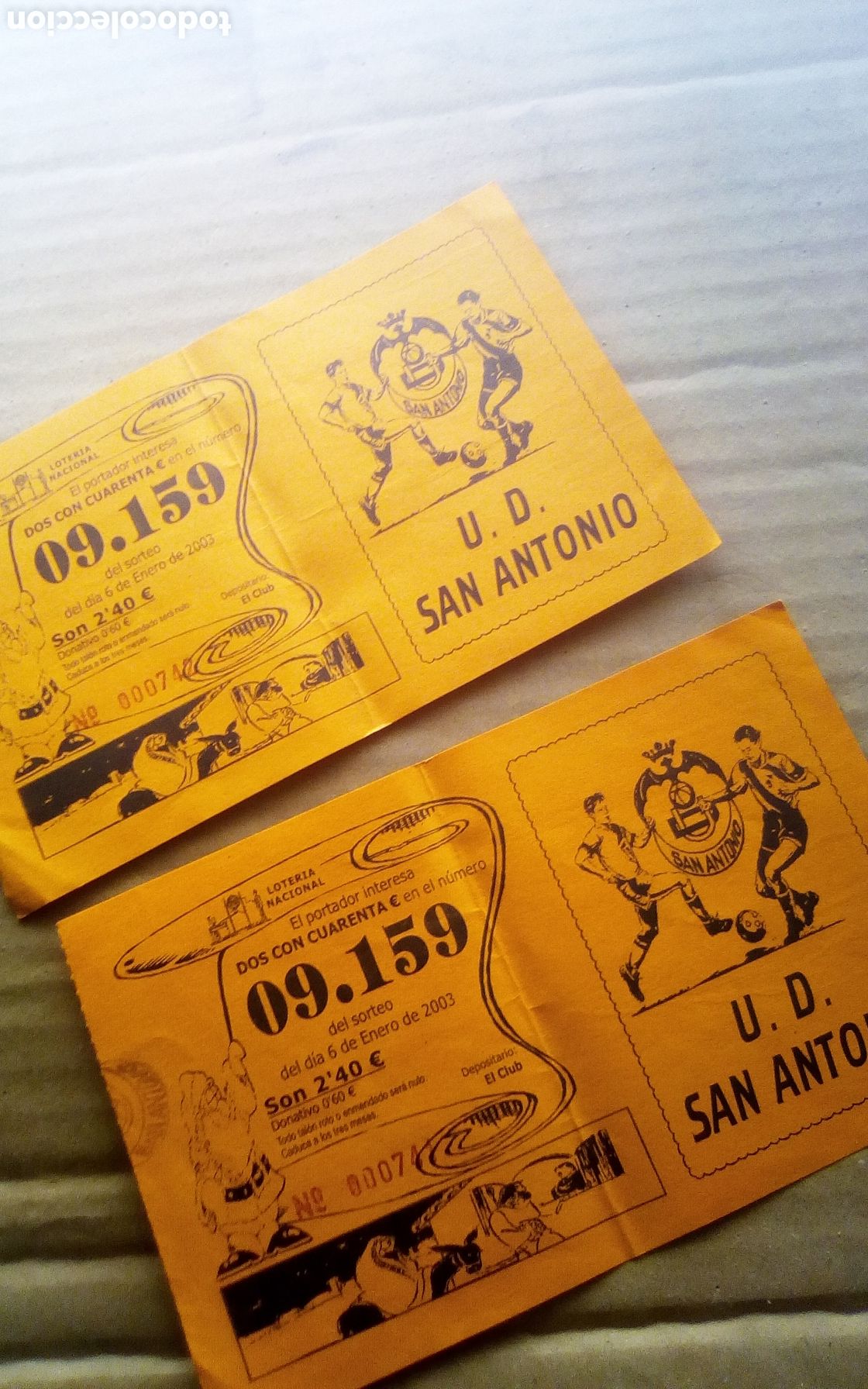 Cupones ONCE: Papeleta participaci&oacute;n loter&iacute;a. Uni&oacute;n Deportiva San Antonio. N&uacute;mero 09159. Sorteo del Ni&ntilde;o 06-01-03.