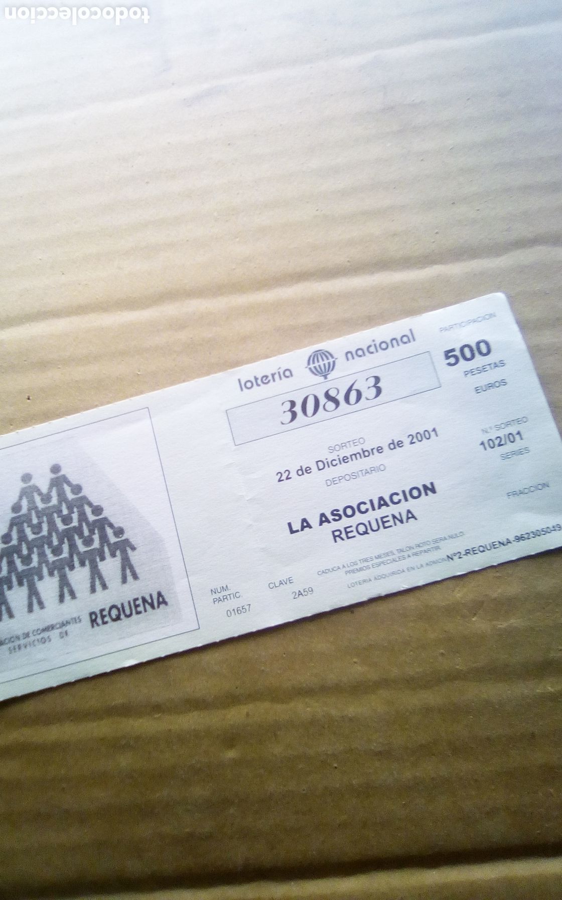 Cupones ONCE: Participaci&oacute;n loter&iacute;a. Asociaci&oacute;n de Comerciantes y Servicios de Requena. N&uacute;mero 30863. Navidad 2001