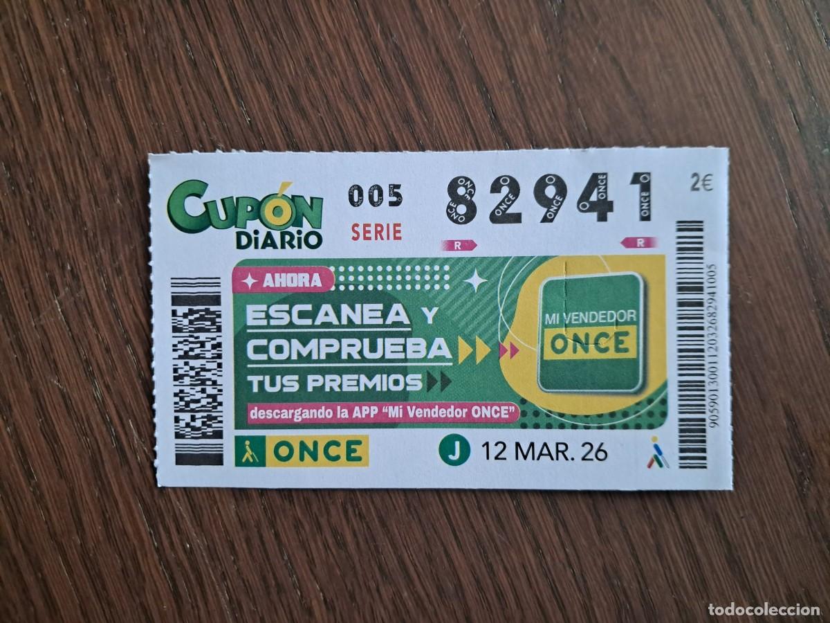 Cupones ONCE: cup&oacute;n once 12-03-26, descarga app, mi vendedor once. n&ordm; 82.941.