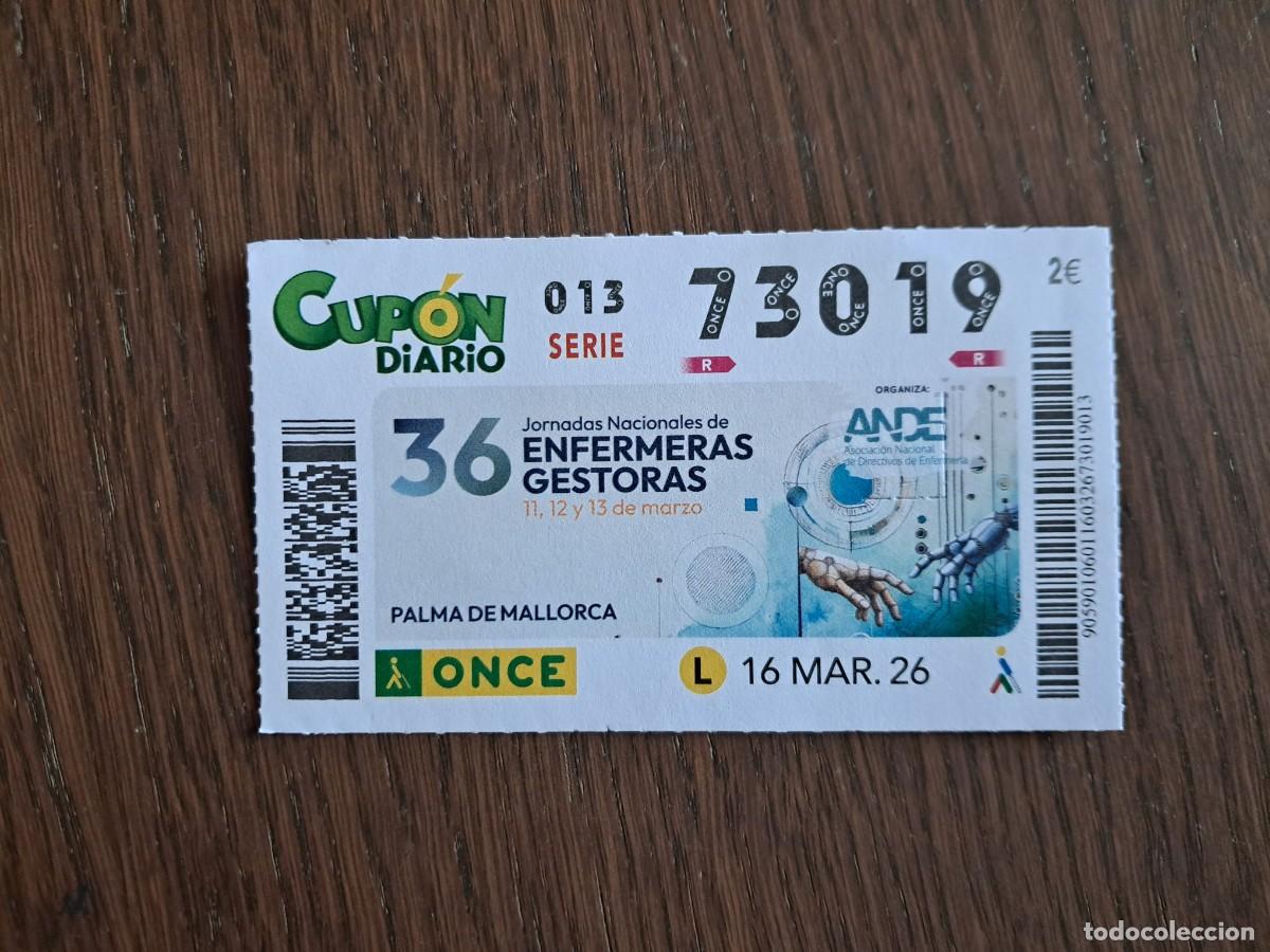 Cupones ONCE: cup&oacute;n once 16-03-26, jornadas nacionales de enfermeras gestoras, Palma de Mallorca, n&ordm; 73.019.