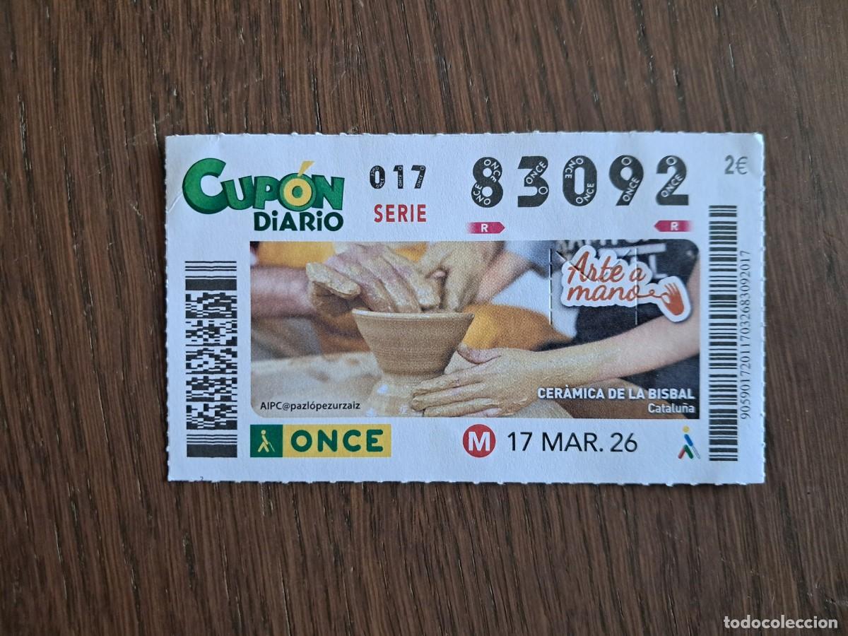 Cupones ONCE: cup&oacute;n once 17-03-26, arte a mano, cer&aacute;mica de La Bisbal, Catalu&ntilde;a. n&ordm; 83.092.