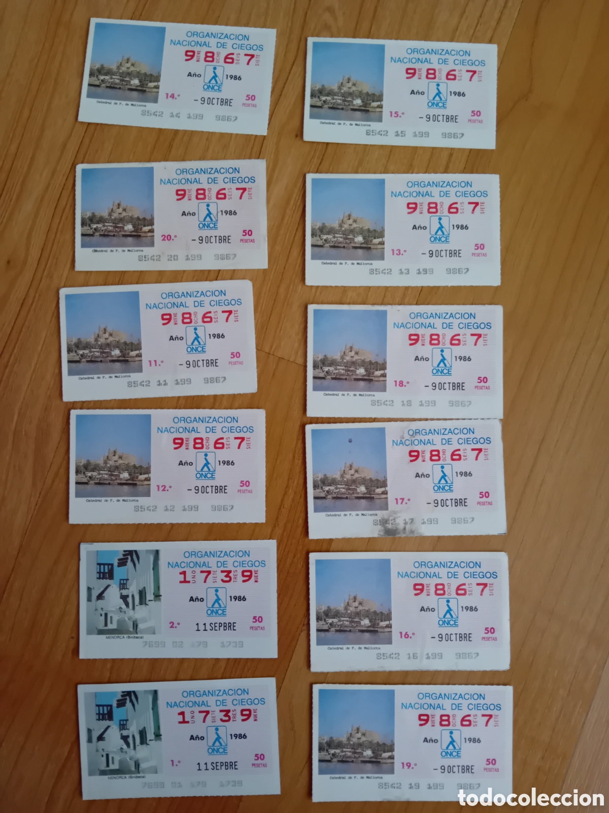 Cupones ONCE: 12 CUPONES ONCE CATEDRAL MALLORCA Y BINIBECA MENORCA. 1986
