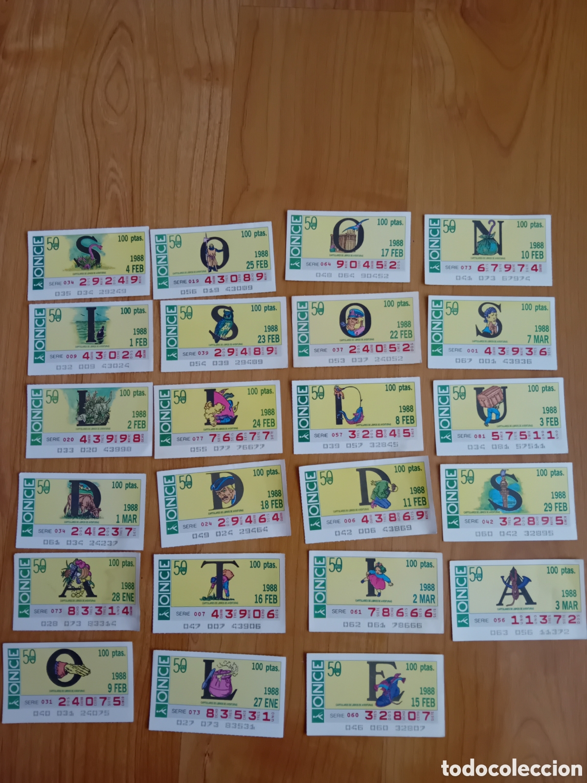 Cupones ONCE: 23 CUPONES ONCE. LETRAS CAPITULARES. 50 ANIVERSARIO. 1988
