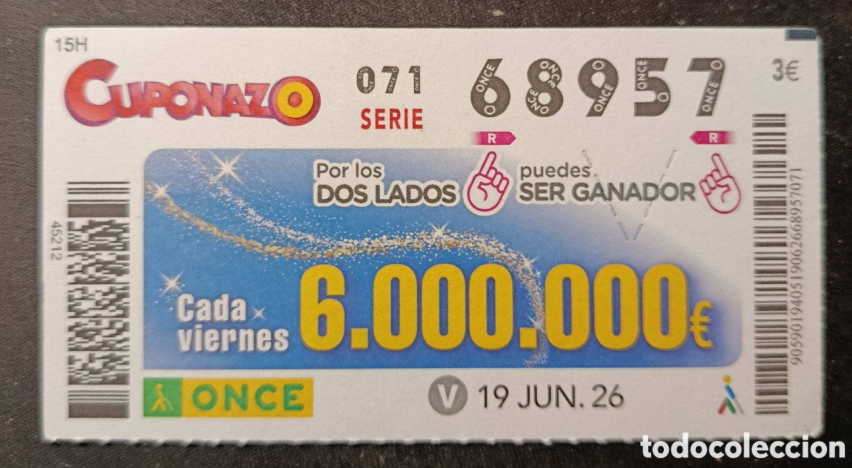 Cupones ONCE: N&deg; 68957 (19/JUNIO/2026)