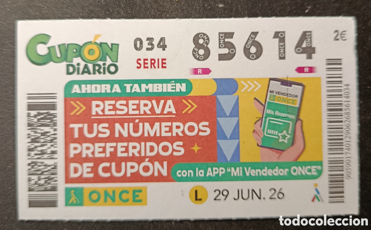 Cupones ONCE: N&deg; 85614 (29/JUNIO/2026)
