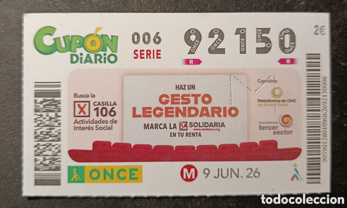 Cupones ONCE: N&deg; 92150 (9/JUNIO/2026)