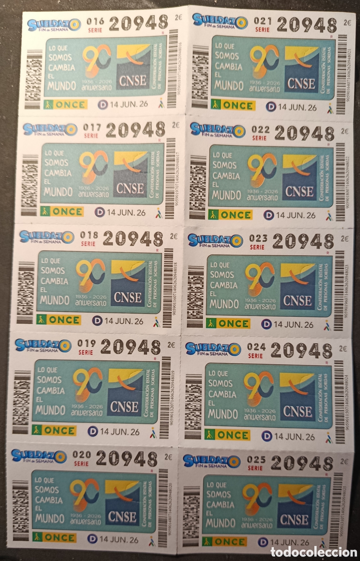 Cupones ONCE: N&deg; 20948 (14/JUNIO/2026)-HOJA COMPLETA