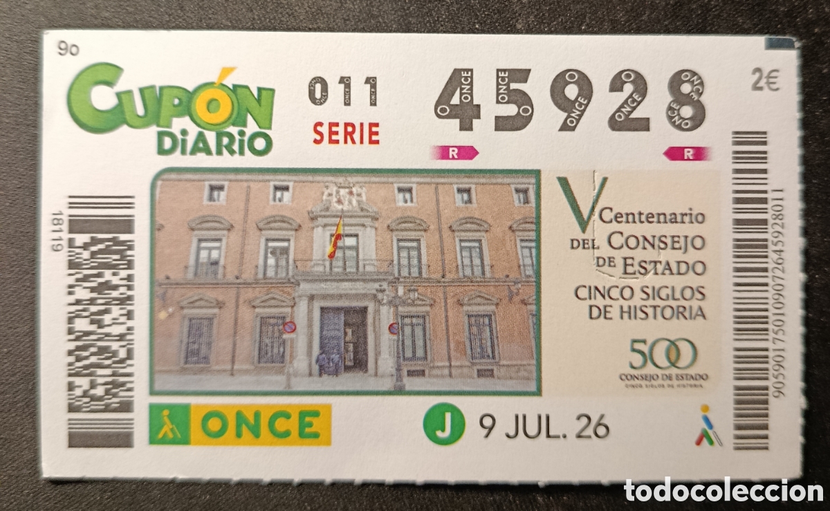 Cupones ONCE: N&deg; 45928 (9/JULIO/2026)