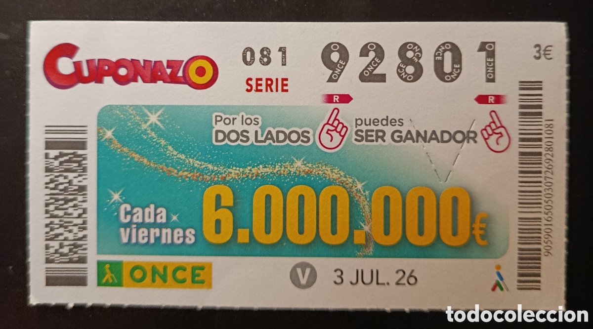 Cupones ONCE: N&deg; 92801 (3/JULIO/2026)