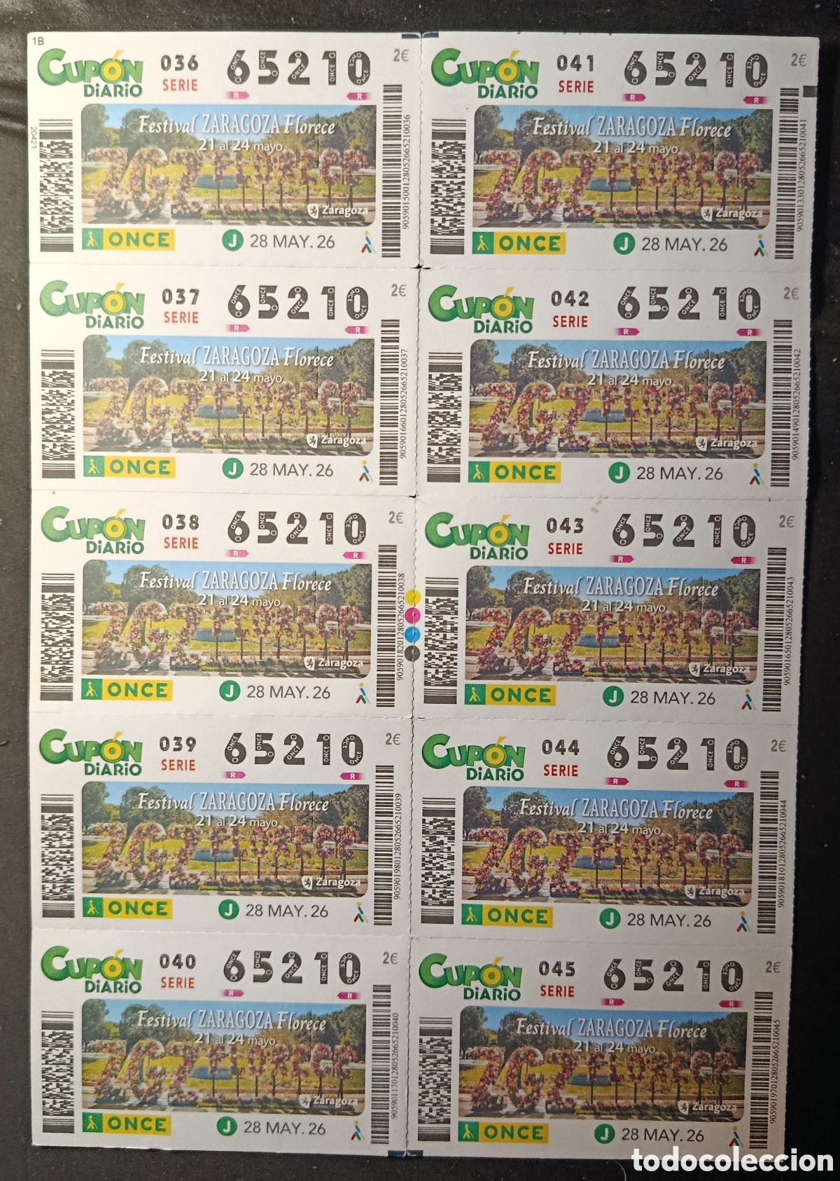 Cupones ONCE: N&deg; 65210 (28/MAYO/2026)-ZARAGOZA/HOJA COMPLETA