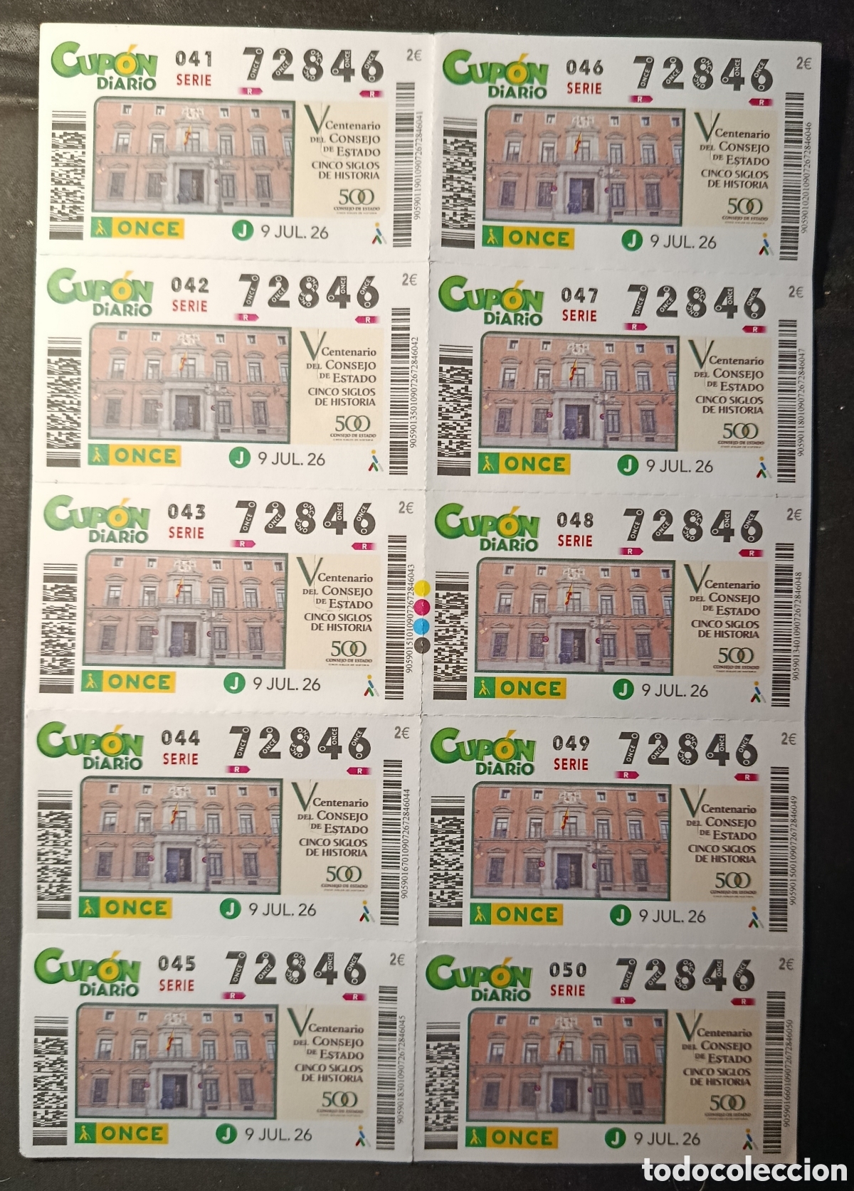 Cupones ONCE: N&deg; 72846 (9/JULIO/2026)-HOJA COMPLETA
