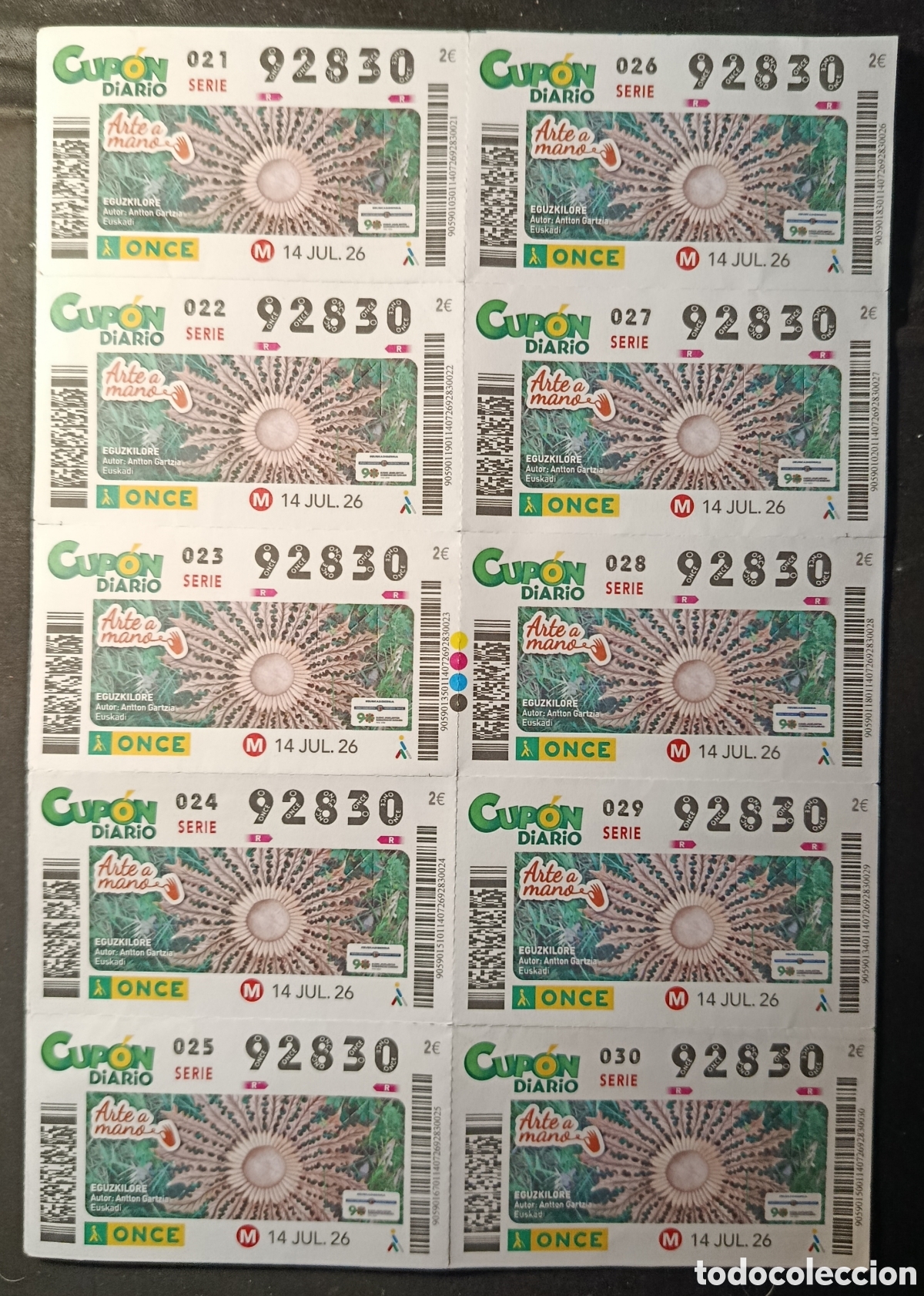 Cupones ONCE: N&deg; 92830 (14/JULIO/2026)-EUSKADI/HOJA COMPLETA