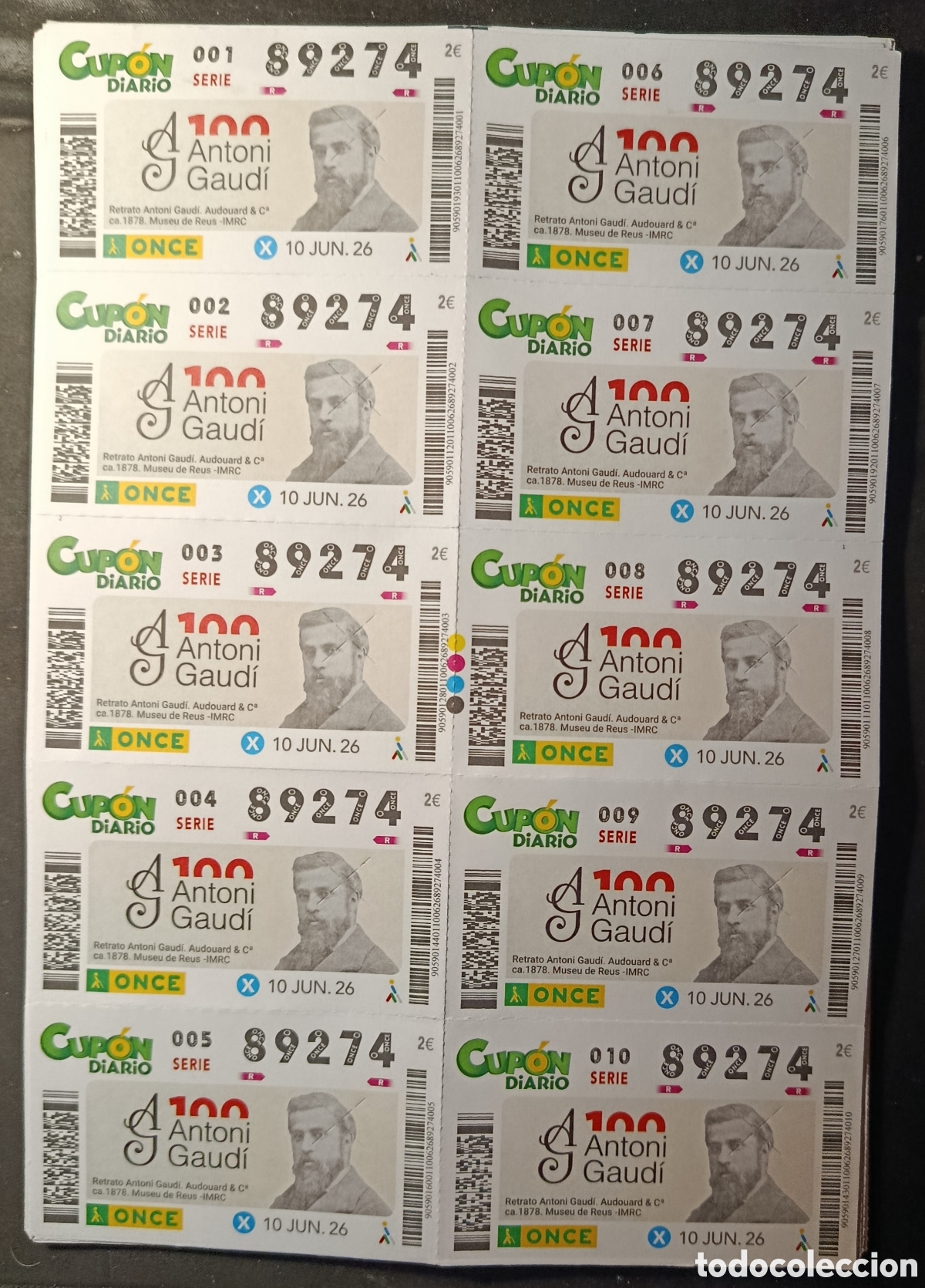 Cupones ONCE: N&deg; 89274 (10/JUNIO 2026)-TARRAGONA/HOJA COMPLETA