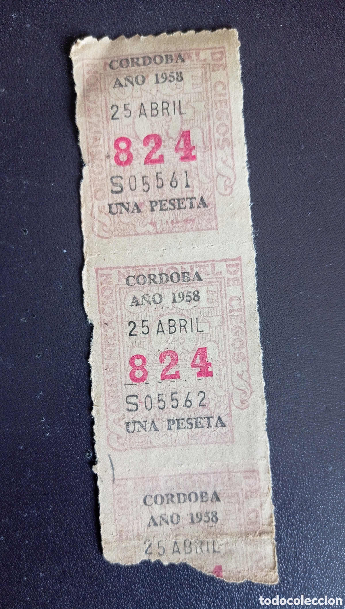 Cupones ONCE: DOS CUPONES DE LA ONCE DEL 25 DE ABRIL DE 1958. DELEGACI&Oacute;N DE C&Oacute;RDOBA.