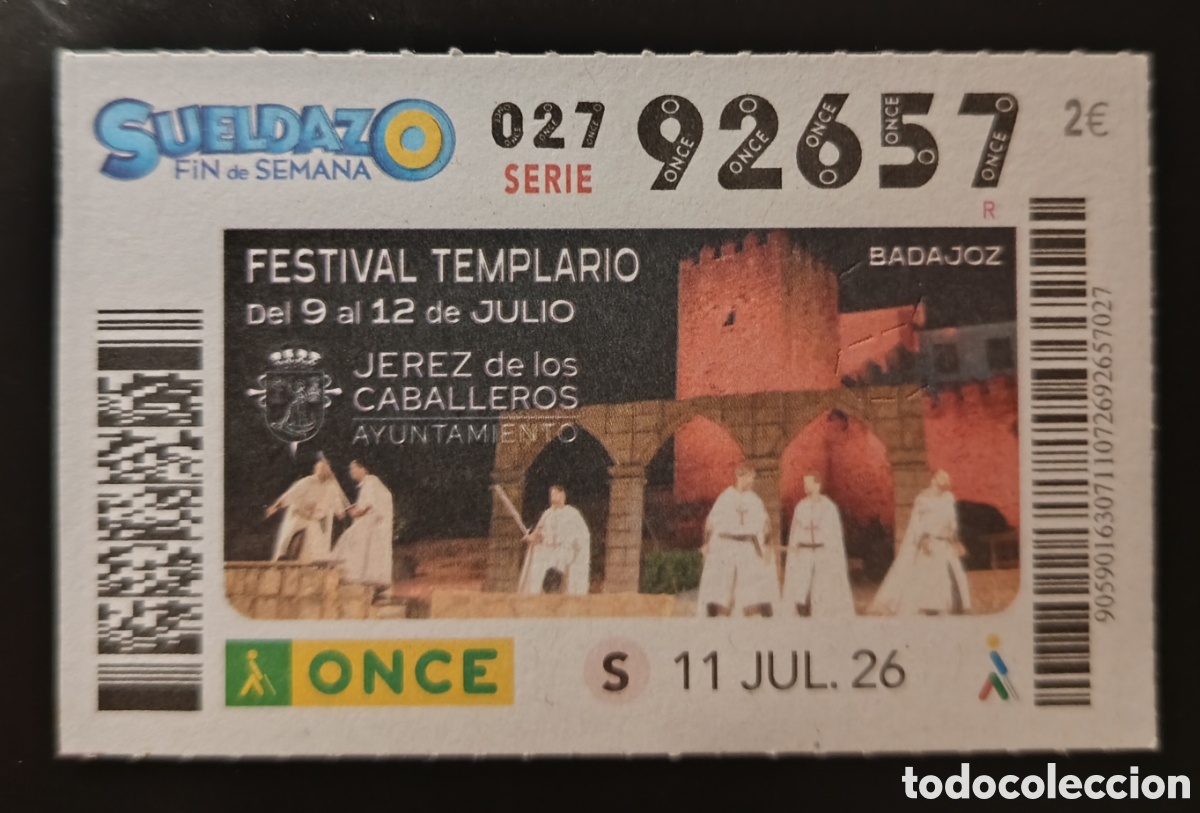 Cupones ONCE: N&deg; 92657 (11/JULIO/2026)-BADAJOZ