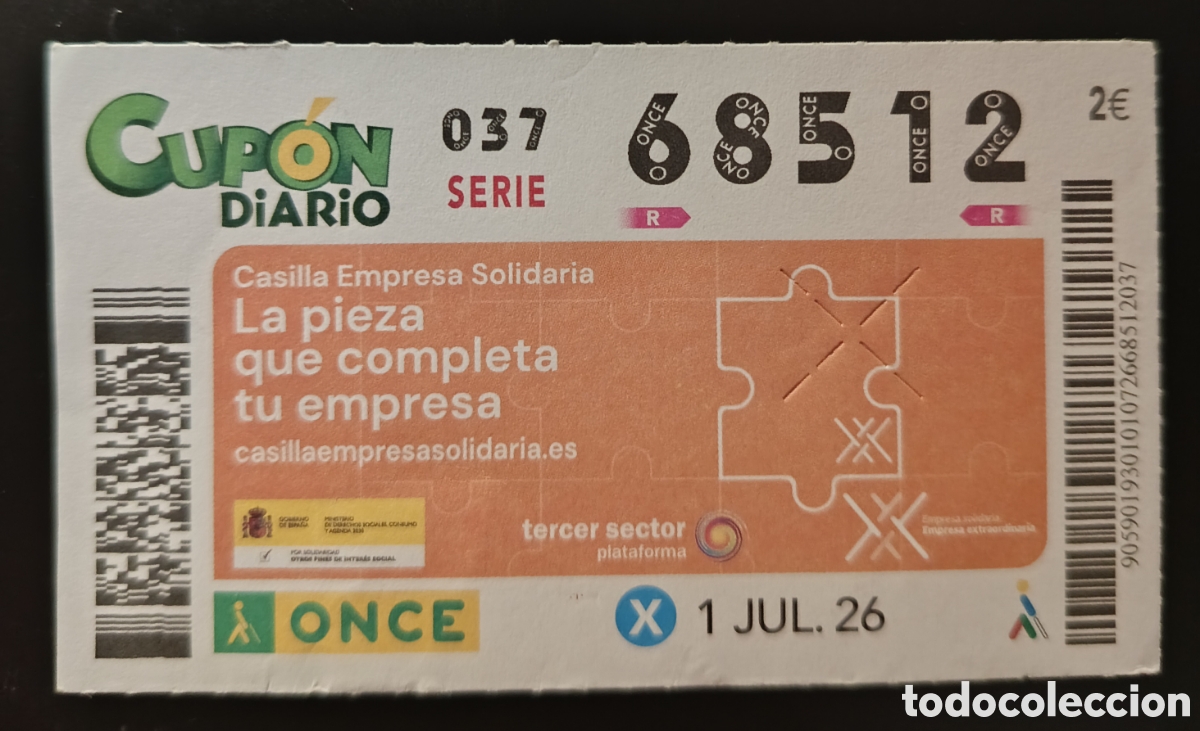 Cupones ONCE: N&deg; 68512 (1/JULIO/2026)