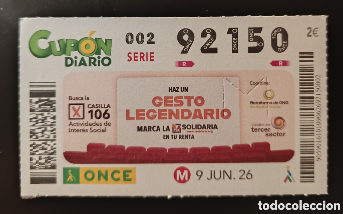 Cupones ONCE: N&deg; 92150 (9/JUNIO/2026)