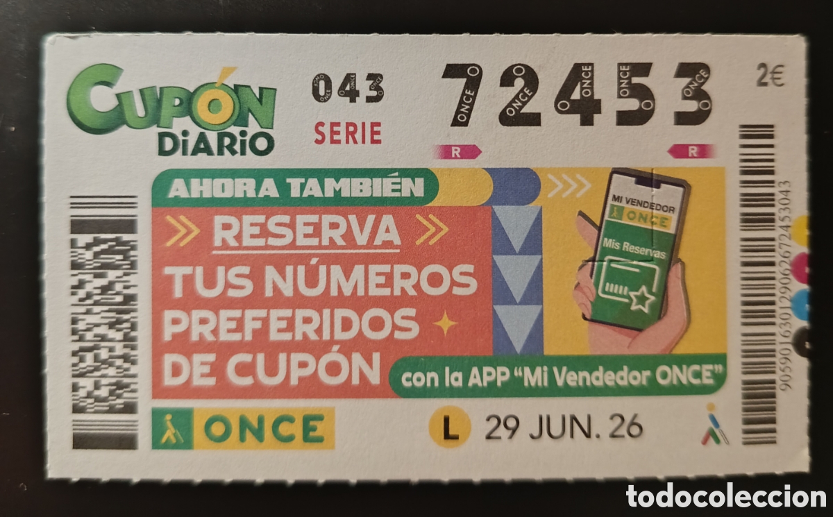 Cupones ONCE: N&deg; 72453 (29/JUNIO/2026)