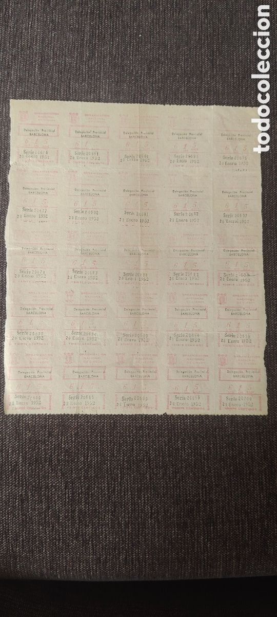 Cupones ONCE: Pliego completo de 25 cupones ONC Barcelona &ndash; 28 enero 1952 &ndash; Muy raro