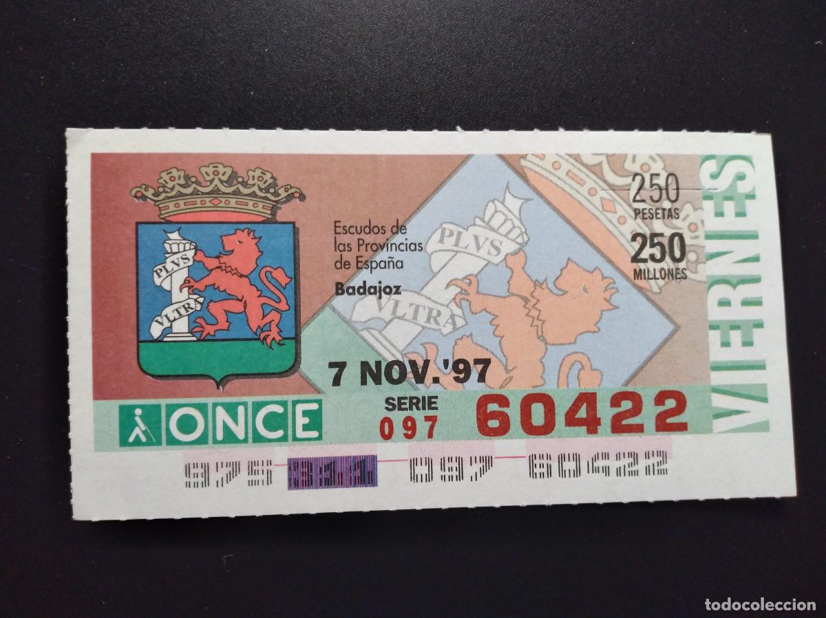 Cupones ONCE: CUP&Oacute;N ONCE BADAJOZ ESCUDOS DE LAS PROVINCIAS DE ESPA&Ntilde;A 7 NOVIEMBRE 97 1997 60422