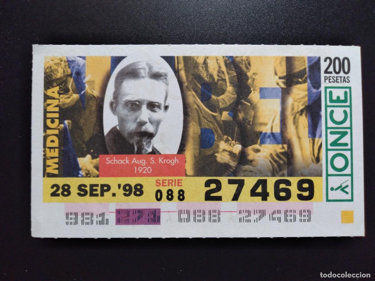 Cupones ONCE: CUP&Oacute;N ONCE PREMIOS NOBEL MEDICINA SCHACK AUG S. KROGH 1920 28 SEPTIEMBRE 98 1998 27469
