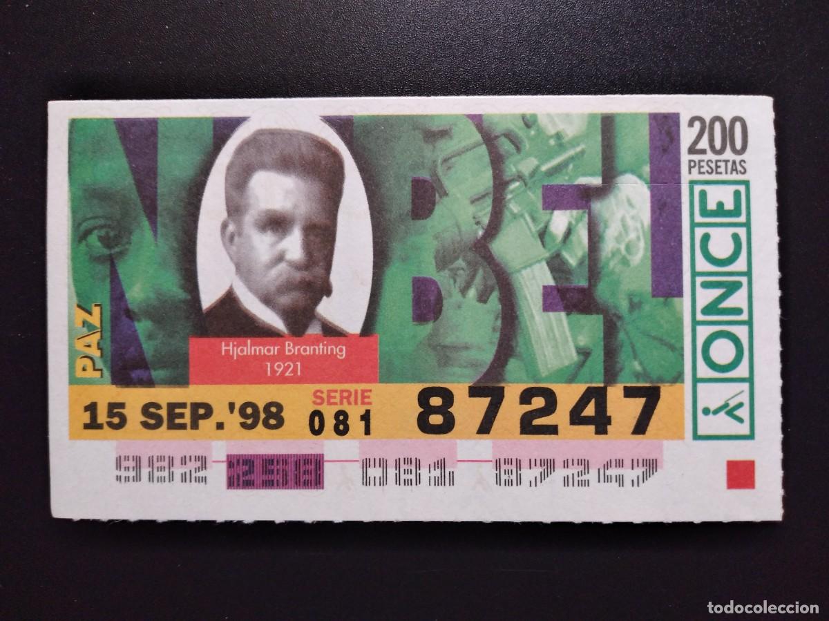 Cupones ONCE: CUP&Oacute;N ONCE PREMIOS NOBEL PAZ HJALMAR BRANTING 1921 15 SEPTIEMBRE 98 1998 87247