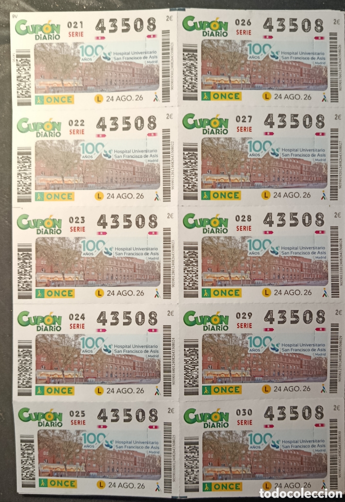 Cupones ONCE: N&deg; 43508 (24/AGOSTO/2026)-MADRID/HOJA COMPLETA