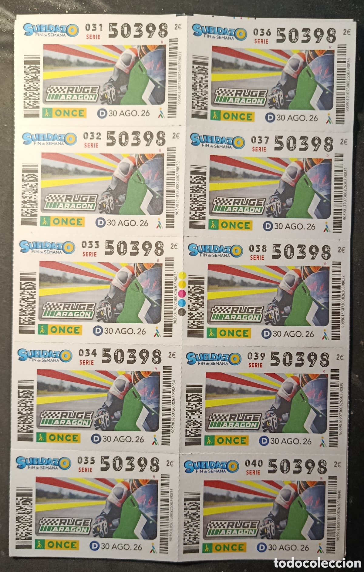 Cupones ONCE: N&deg; 50398 (30/AGOSTO/2026)-ARAG&Oacute;N/HOJA COMPLETA