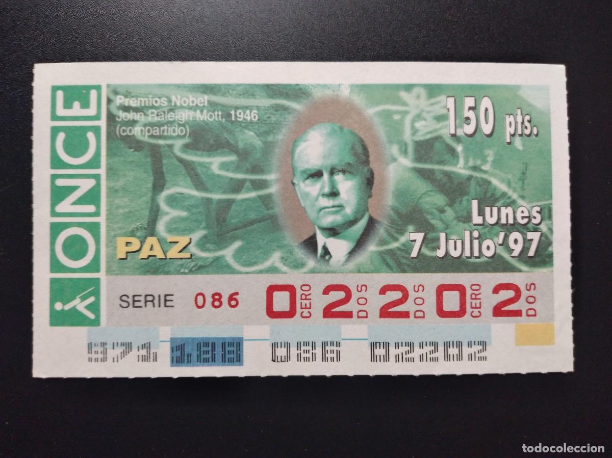 Cupones ONCE: CUP&Oacute;N ONCE PREMIOS NOBEL PAZ JOHN RALEIGHT MOTT 1946 7 JULIO 97 1997 02202