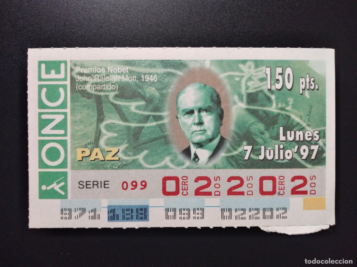 Cupones ONCE: CUP&Oacute;N ONCE PREMIOS NOBEL PAZ JOHN RALEIGHT MOTT 1946 7 JULIO 97 1997 02202
