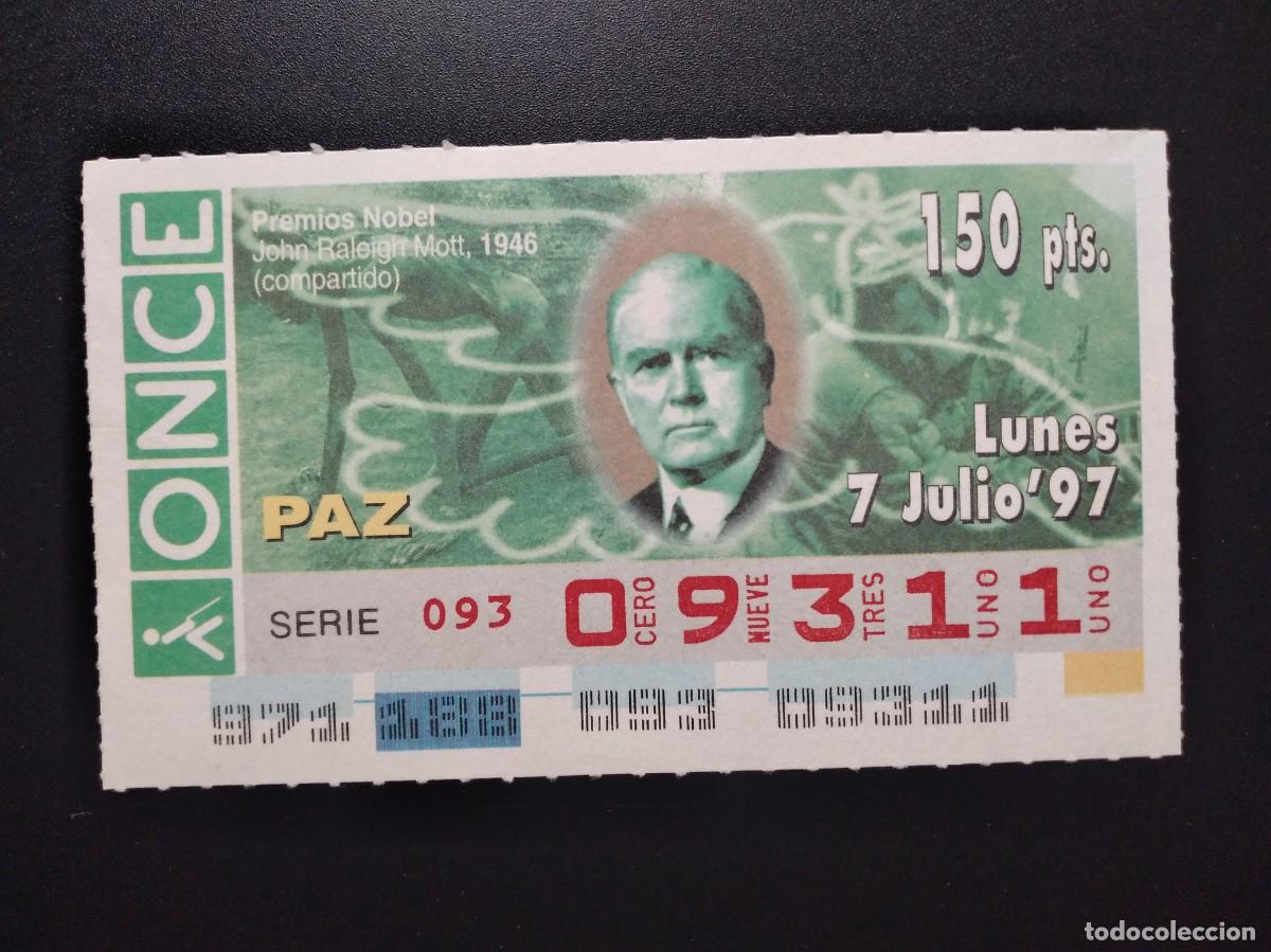 Cupones ONCE: CUP&Oacute;N ONCE PREMIOS NOBEL PAZ JOHN RALEIGHT MOTT 1946 7 JULIO 97 1997 09311
