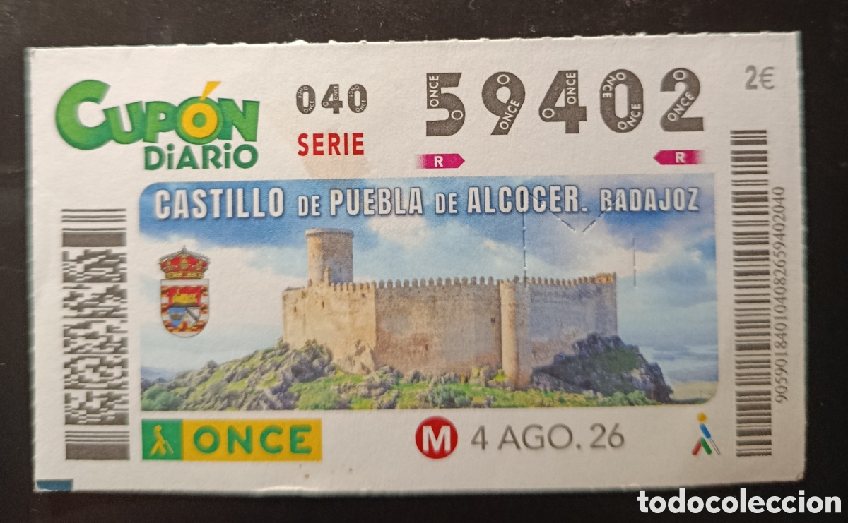 Cupones ONCE: N&deg; 59402 (4/AGOSTO/2026)-BADAJOZ